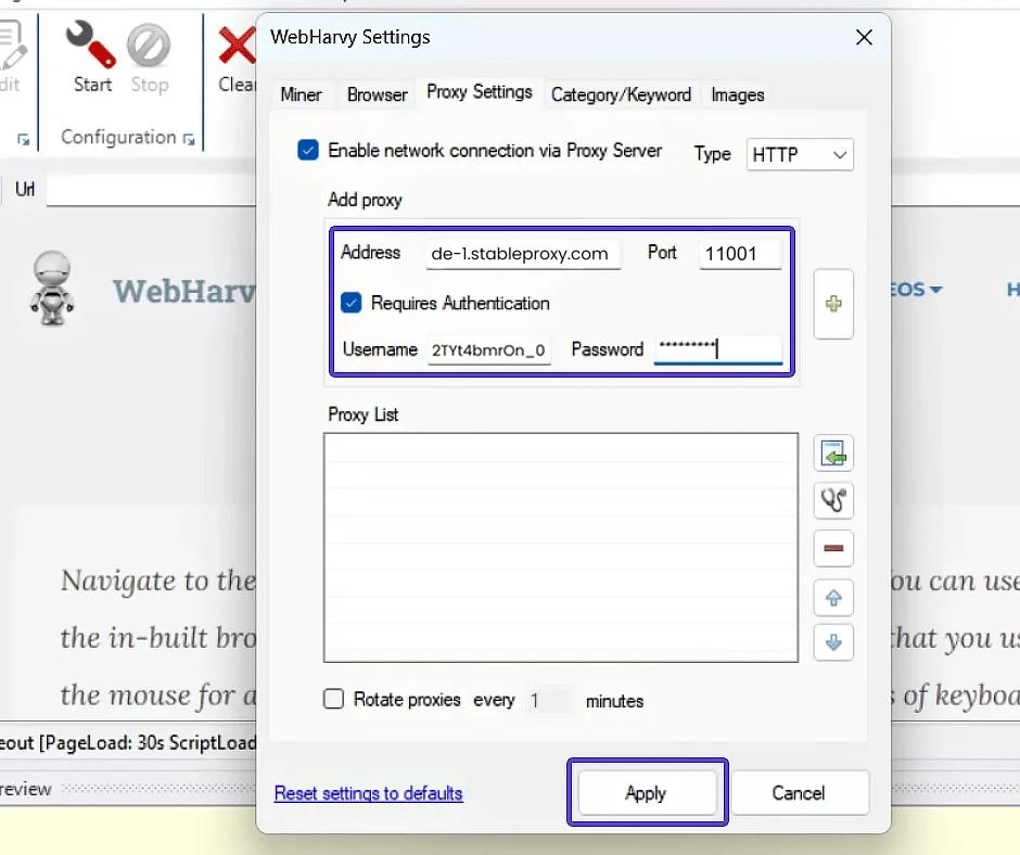 Web scraping z WebHarvy - Konfiguracja serwerów proxy Stableproxy